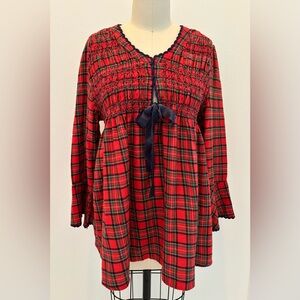 Sundance, L, Red Cotton Plaid, Lightweight Flannel Smocked with Sequins, L/S Top